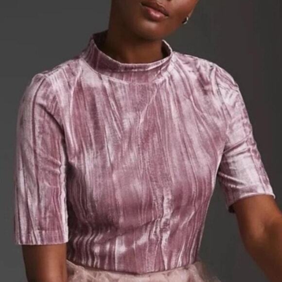 Pilcro Velveteen Mock Neck Top Womens Size Small Rose Pink Stretch Velvet - Picture 1 of 11